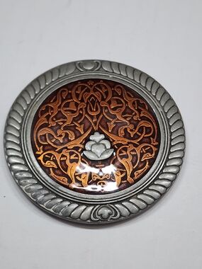 Danforth Pewter Mirror Orange Copper Lotus Enamel Travel Purse Compact